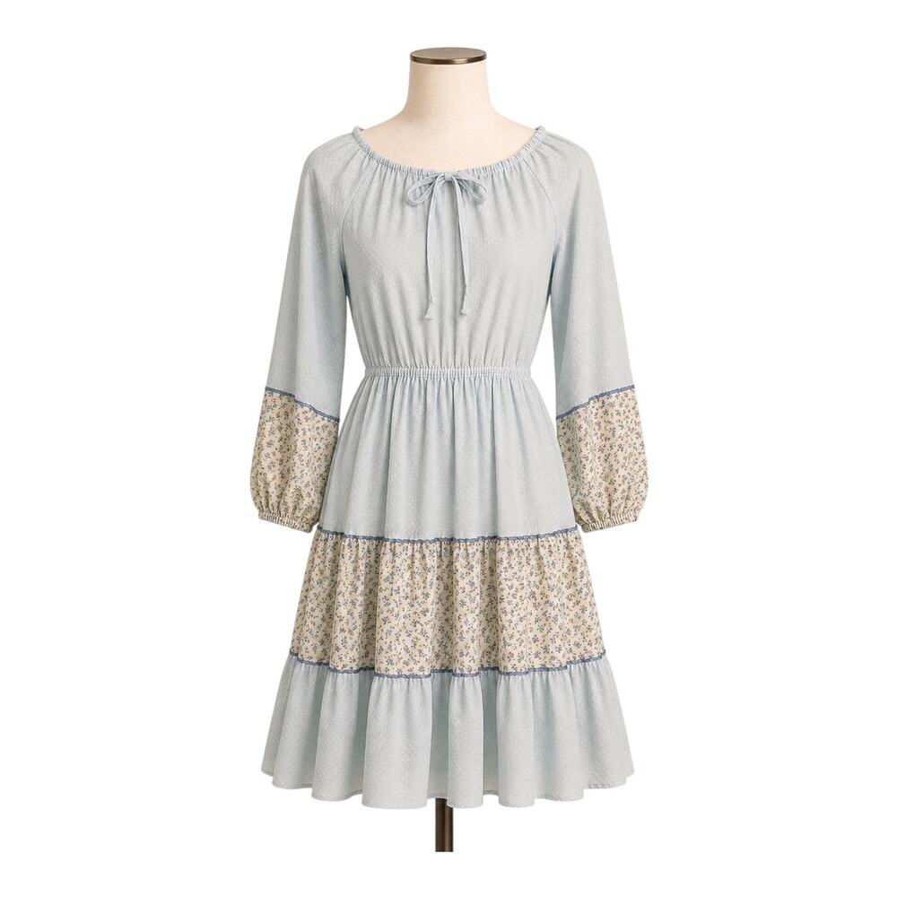Vintage 70s Powder Blue Swiss Dot Prairie Dress Floral Trim Semi Sheer XS -